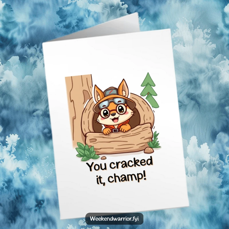 Funny Free Printable Congrats Card: Delighted squirrel explorer peeking from log, celebrating your big win with humor.