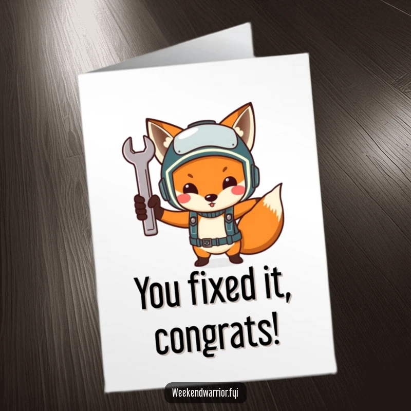 Funny Free Printable Congratulations Card: a fox in a helmet triumphantly holds a wrench, celebrating success.