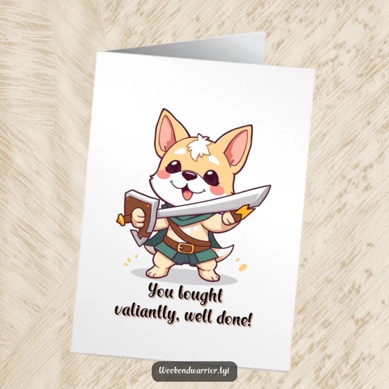 Funny free printable congratulations card with a playful dog in armor wielding a sword and shield, celebrating a win.