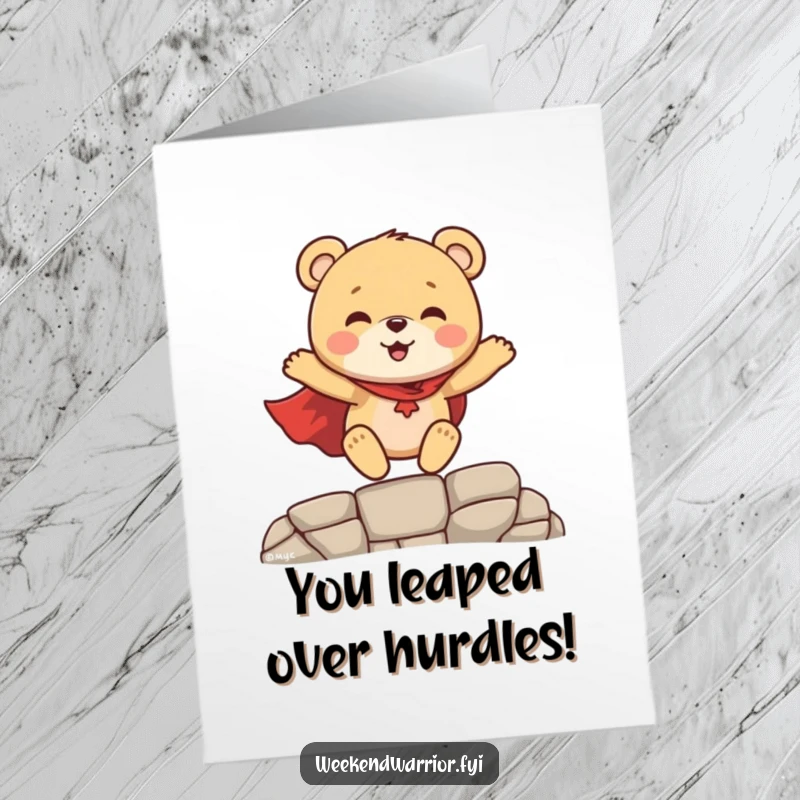 Funny Free Printable Congratulations Card: a bear cub superhero leaps over a gap, signifying overcoming challenges.