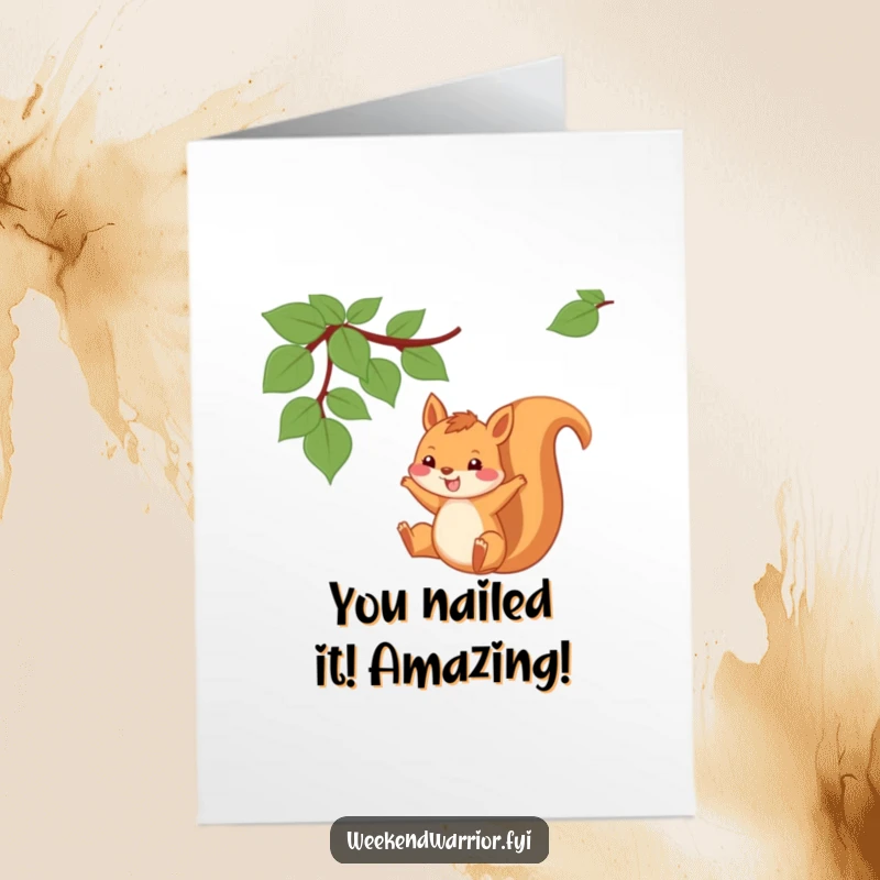 Free Printable Congratulations Card: Playful squirrel swings from a vine with a huge grin, celebrating a win.
