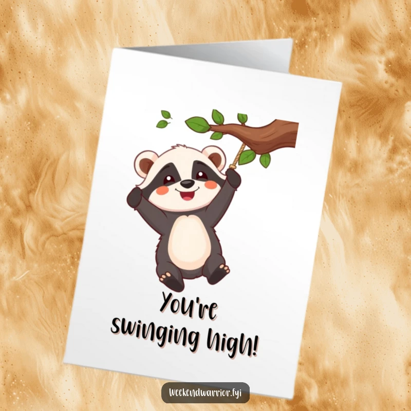 Funny Free Printable Congratulations Card: A cheerful badger swings from a rope, celebrating a fantastic accomplishment.