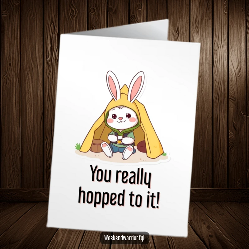 Funny free printable congratulations card showing a cheerful rabbit in camping gear successfully setting up a tent.