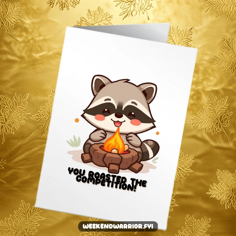 Funny Free Printable Congratulations Card: Joyful Kawaii raccoon character grilling, celebrating success.