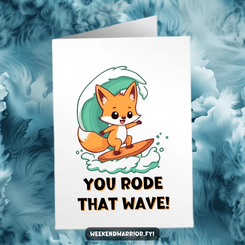 Funny Free Printable Congratulations Card: A playful fox surfs a green wave, celebrating a major achievement with confidence.