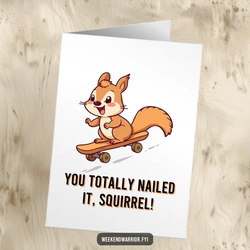 Funny Free Printable Congratulations Card: Giggling squirrel speeds downhill on a skateboard, celebrating a win.