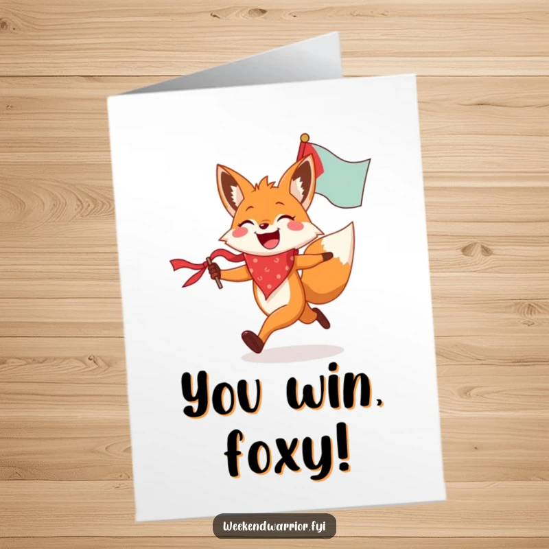 Funny Free Printable Congrats Card: A happy fox wearing a bandana runs joyfully with a flag, symbolizing success and celebration.