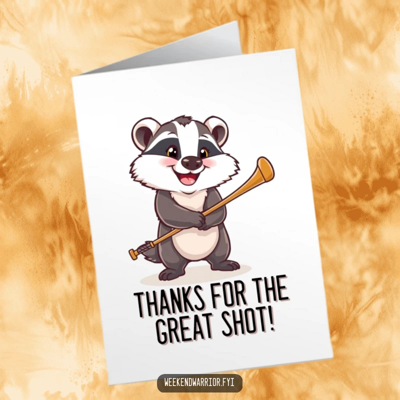 Funny Free Printable Thank You Card: A happy badger golfer swings with determination, sending thanks.