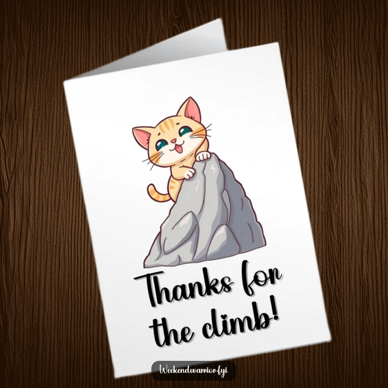 Funny Free Printable thank you card showing a brave cat conquering a small mountain face with gusto, offering thanks for their heroic actions.