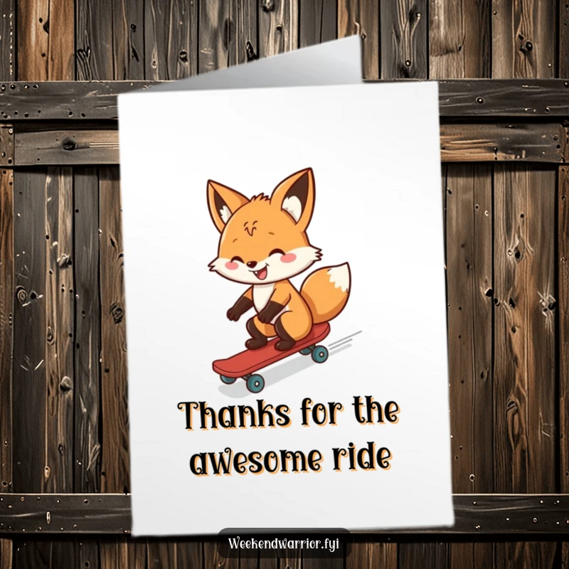 Funny Free Printable Thank You Card: A cheerful fox grinning while speeding downhill on a skateboard, conveying thanks.