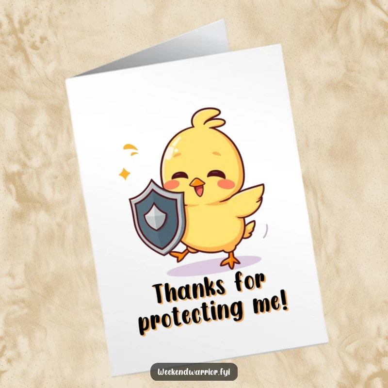 Funny Free Printable Thank You Card: Giggling yellow chick character with a tiny shield playfully dodging, sending thanks.