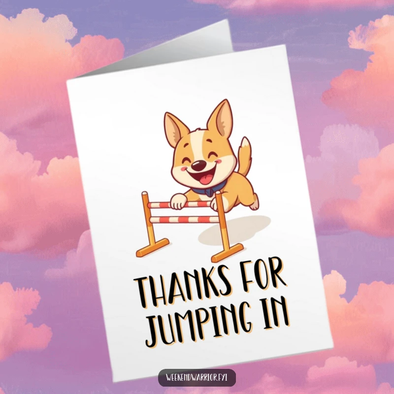 Funny Free Printable Thank You Card: A smiling dog energetically bounds through a miniature obstacle course, expressing enthusiastic gratitude.
