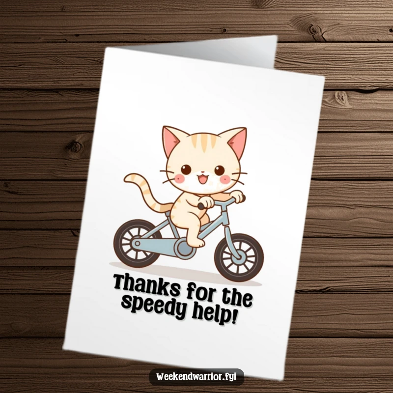 Funny Free Printable Thank You Card Kawaii cat cycling fast, delivering thanks with a happy, blurred expression.