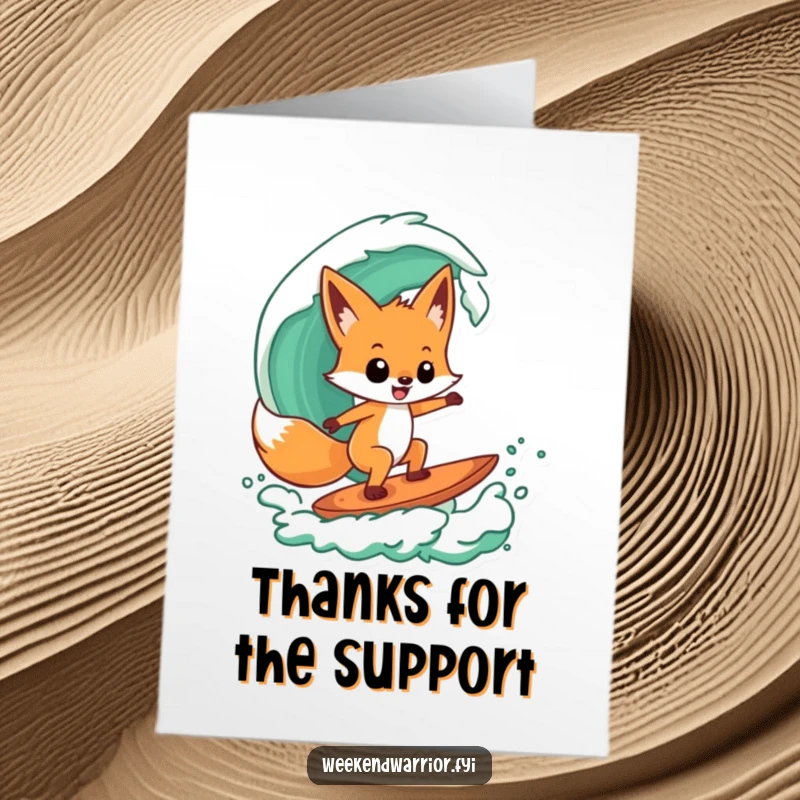Funny Free Printable Thank You Card: A playful fox confidently surfs a green wave, sending cool thanks.
