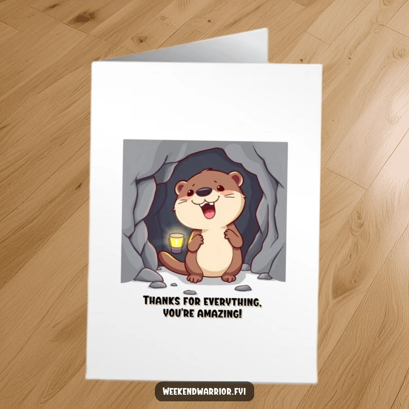 Funny Free Printable Thank You Card: Excited otter with headlamp ventures into a cave, expressing thanks.