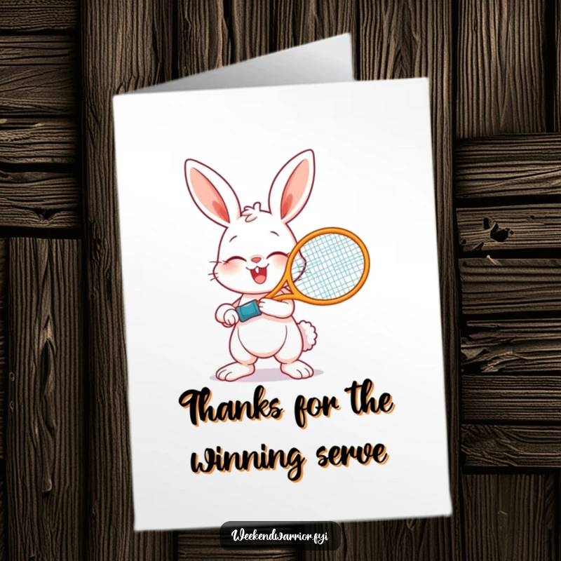 Funny Free Printable Thank You Card: A giggling bunny holding a tennis racket, ready to swing with playful thanks.