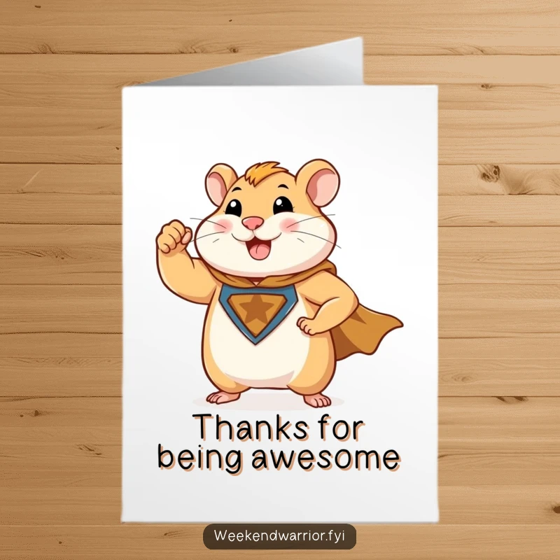 Funny Free Printable Thank You Card: A happy, muscular hamster in a superhero cape flexes a tiny bicep with gratitude.