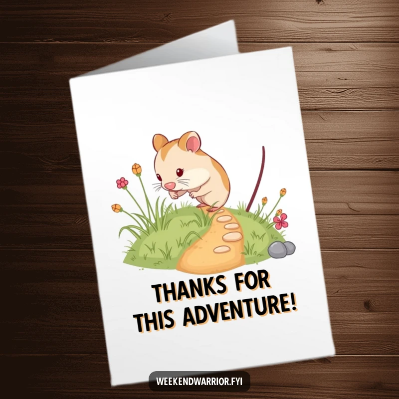 Funny Free Printable Thank You Card: A curious hamster venturing down a tiny, overgrown path, expressing thanks with charm.
