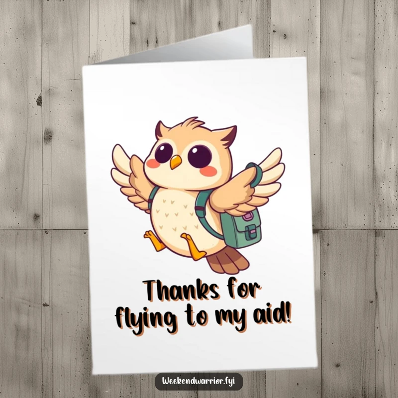 Funny Free Printable Thank You Card: A cheerful owl in flight with a backpack, thanking them for a grand adventure.