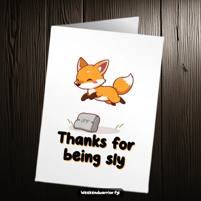 Funny Free Printable Thank You Card: a cheerful fox leaping with playful energy, expressing thanks with a joyful leap.