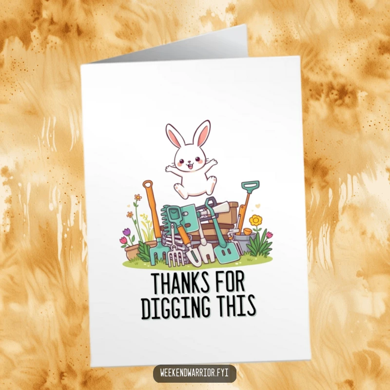 Funny Free Printable Thank You Card: A determined rabbit jumps over gardening tools, cleverly saying thank you for assistance.