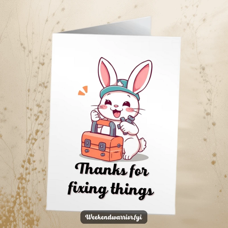 Funny Free Printable Thank You Card: A cartoon rabbit mechanic with a toolbox gleefully tightens a bolt, fixing things with gratitude.