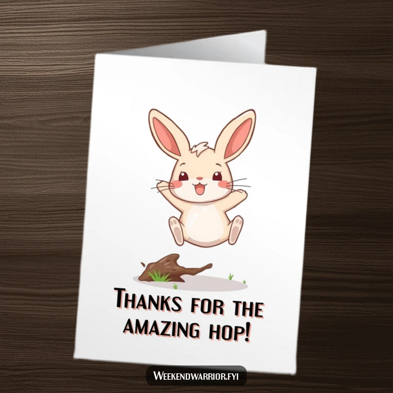 Funny free printable thank you card with a rabbit joyfully leaping over a twig, conveying thanks with humor.