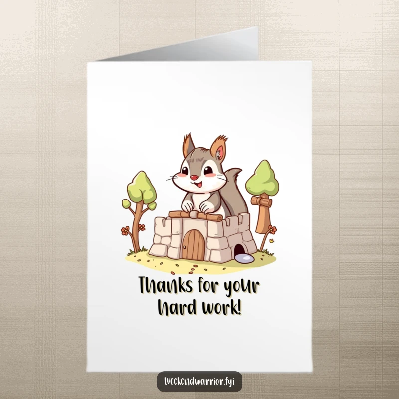 Funny Free Printable Thank You Card: A determined squirrel constructing a detailed fort, conveying thanks for effort. Ideal DIY gift.