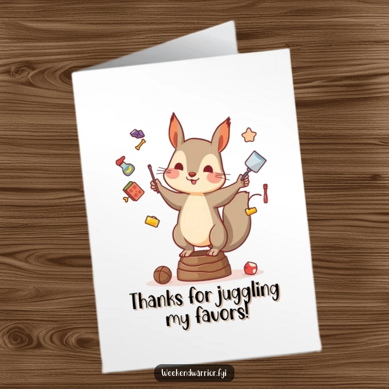 Funny Free Printable Thank You Card: Squirrel juggling various items with a grin, expressing thanks, perfect downloadable gift.