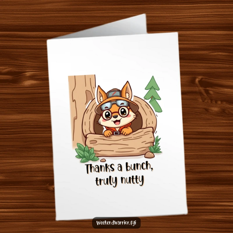 Funny Free Printable Thank You Card: Delighted squirrel explorer peeking from log, expressing thanks with a humorous expedition.