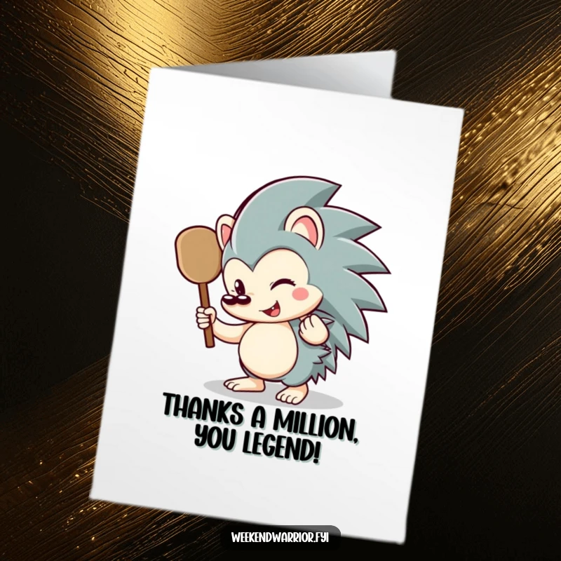 Funny Free Printable Thank You Card: A happy hedgehog playfully brandishes a small paddle, ready to paddle their thanks your way.