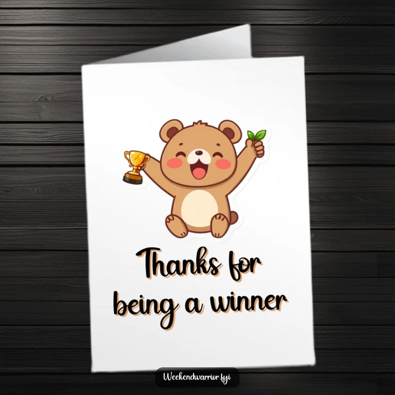Funny Free Printable Thank You Card: Joyful bear cub holding a leaf trophy, expressing thanks cheerfully.