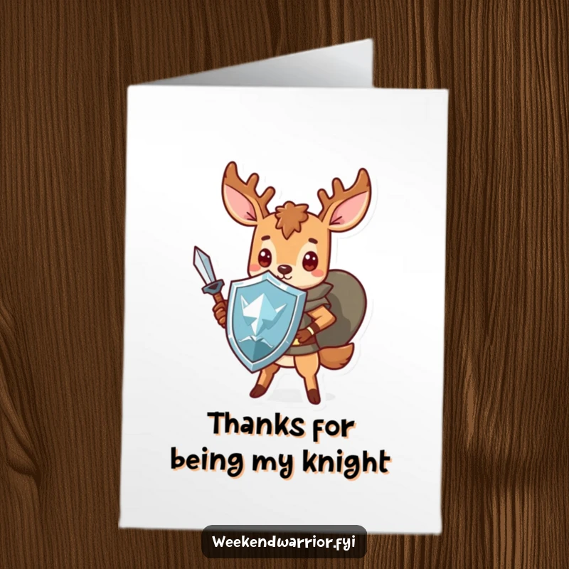 Funny Free Printable Thank You card showcasing a brave Kawaii deer warrior with sword and shield, expressing heartfelt gratitude with a smile.