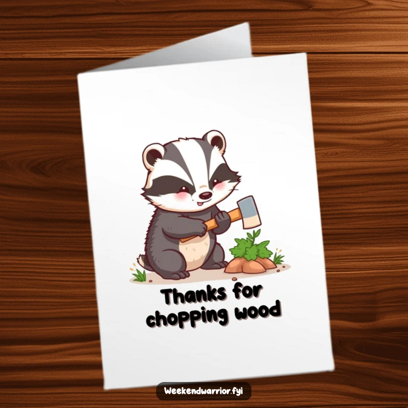 Funny Free Printable Thank You Card: Kawaii badger with tiny axe hacking a bush, expressing thanks.