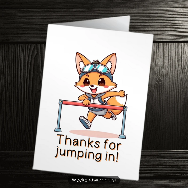 Funny free printable thank you card with a smiling fox in athletic gear leaping gracefully, conveying thanks.