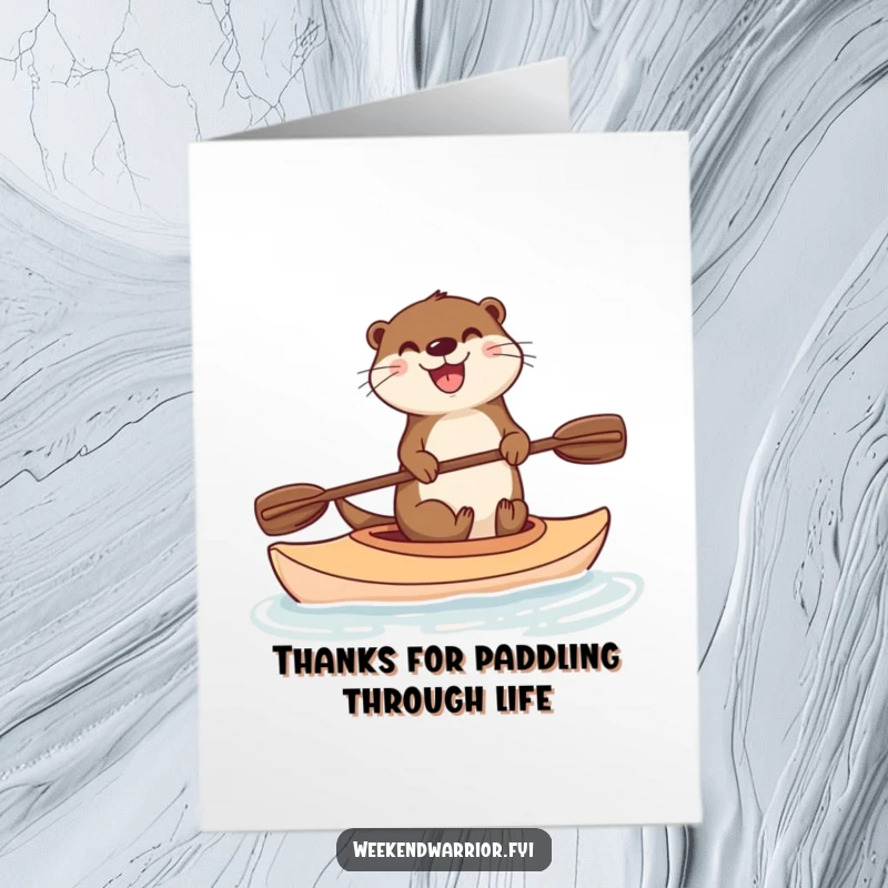 Funny Free Printable Thank You Card: Delighted otter kayaking with paddle, expressing thanks with aquatic humor and a grin.