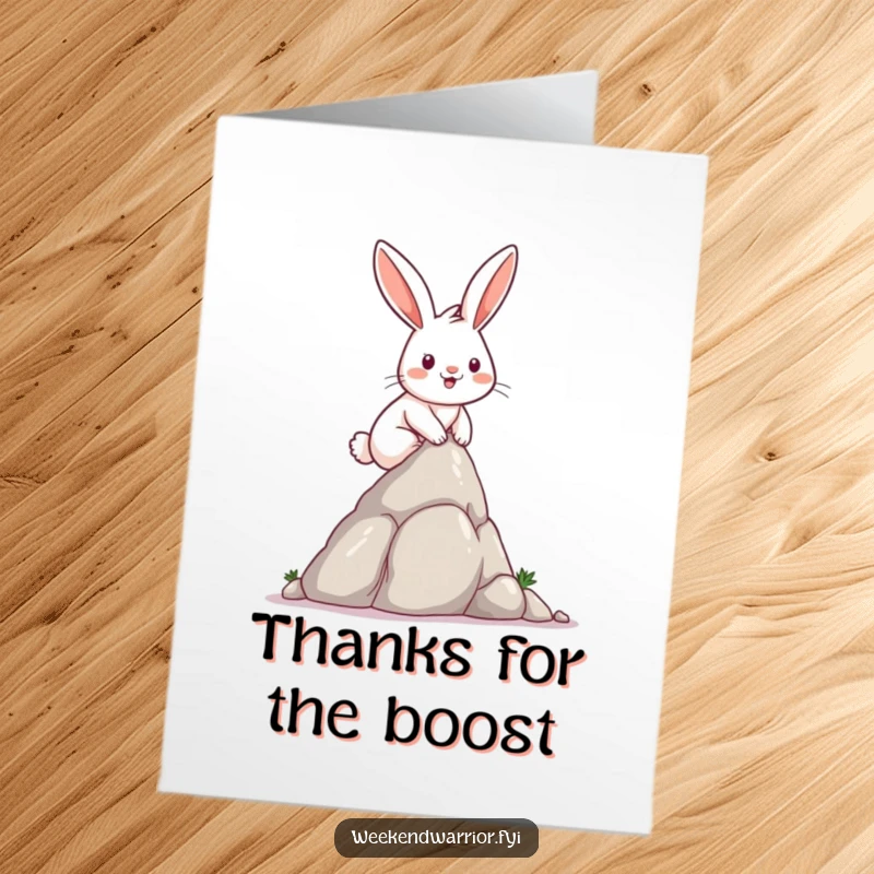 Funny free printable thank you card: A rabbit with a satisfied smile has conquered a rock, symbolizing a completed task.