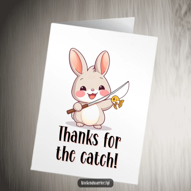 Funny Free Printable Thank You Card: Amused rabbit holding a fishing rod with a small, triumphant fish.