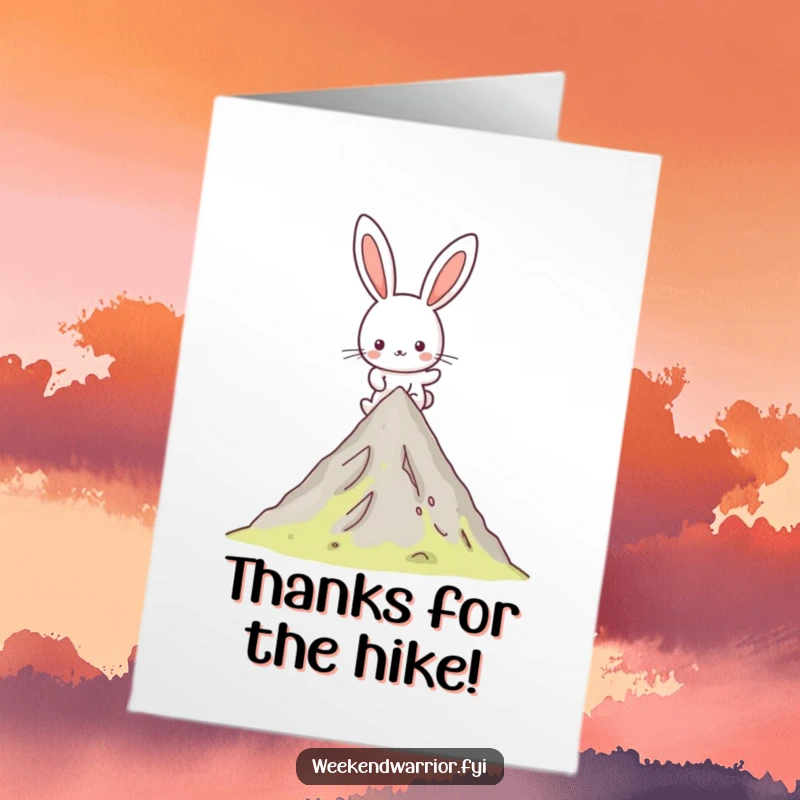 Funny Free Printable Thank You Card: Happy Kawaii rabbit character hiking uphill, conveying thanks with a humorous journey.