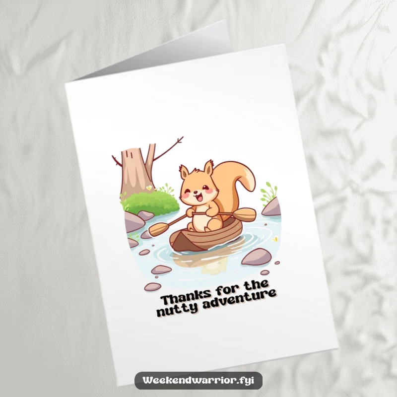 Funny Free Printable Thank You Card: Kawaii squirrel joyfully paddling a small raft down a stream, thanking you.