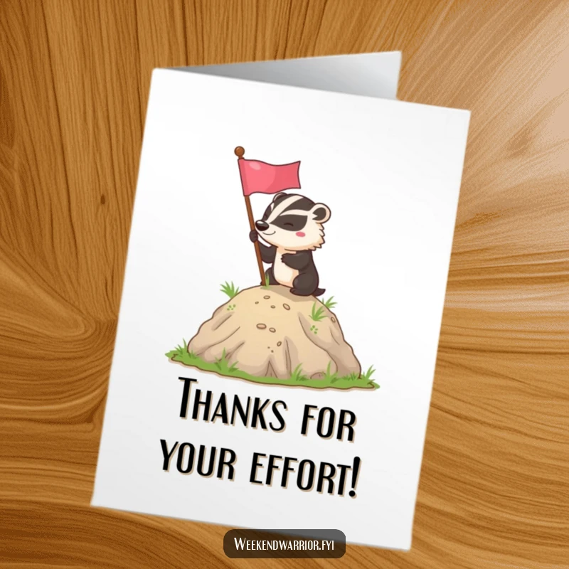 Funny Free Printable Thank You Card: A determined badger plants a flag on a hill, conveying thanks for a significant achievement.