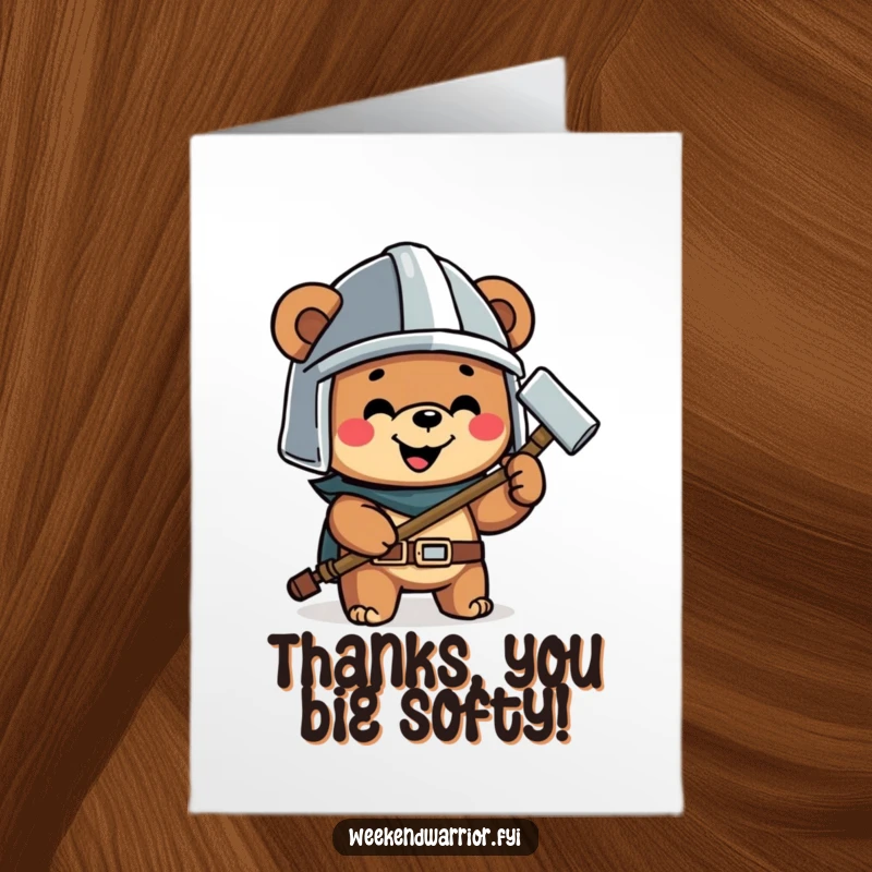 Funny free printable thank you card featuring a smiling bear in a helmet holding a hammer, ready to build appreciation.
