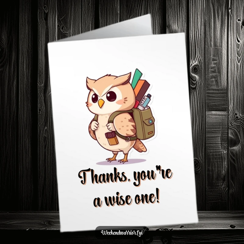 Funny Free Printable Thank You Card: Curious Kawaii owl character with backpack, sharing gratitude.