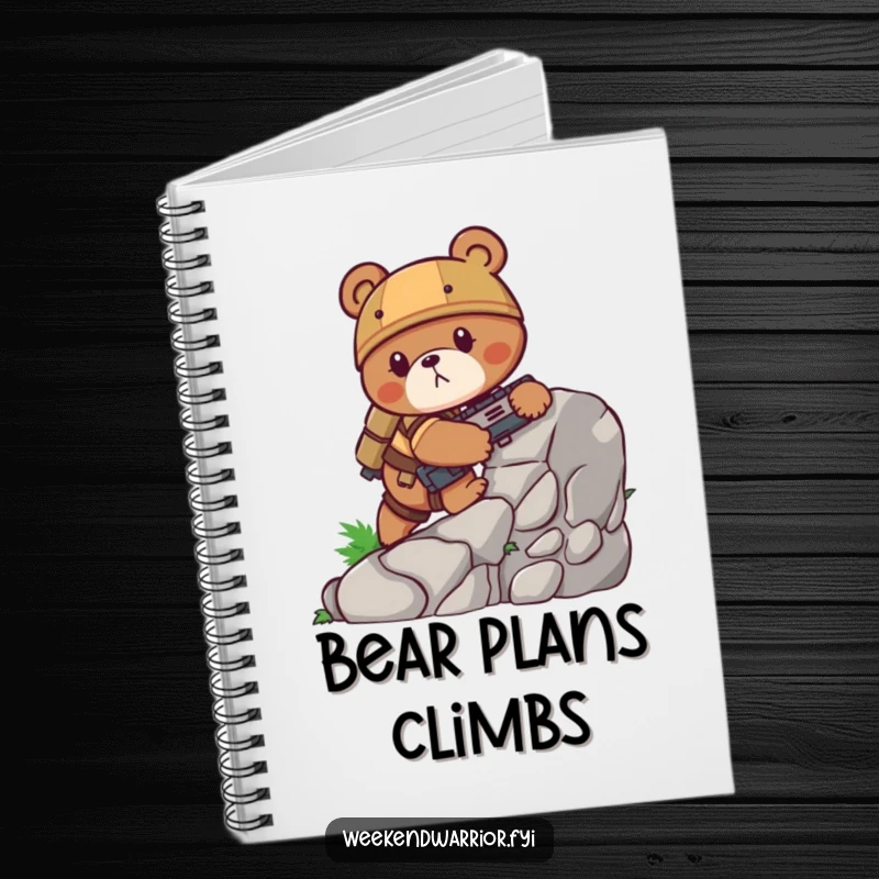 Funny bear notebook with a determined bear in combat gear scaling a rock face, perfect for jotting down notes and adventure plans.