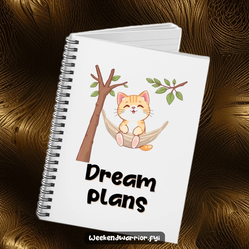 Funny kawaii cat notebook, setting up a tiny hammock between branches, for writing and doodling.