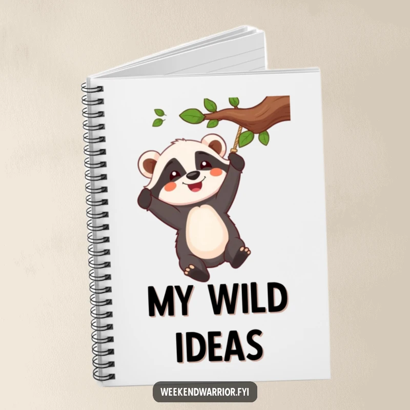 Funny notebook with a cheerful badger character swinging from a tree branch rope, perfect for creative notes.