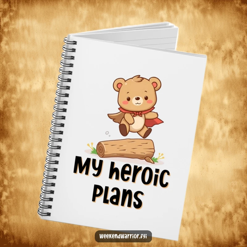 Funny notebook cover with a cute bear cub in a cape, leaping over a tiny log, ready for journaling adventures.