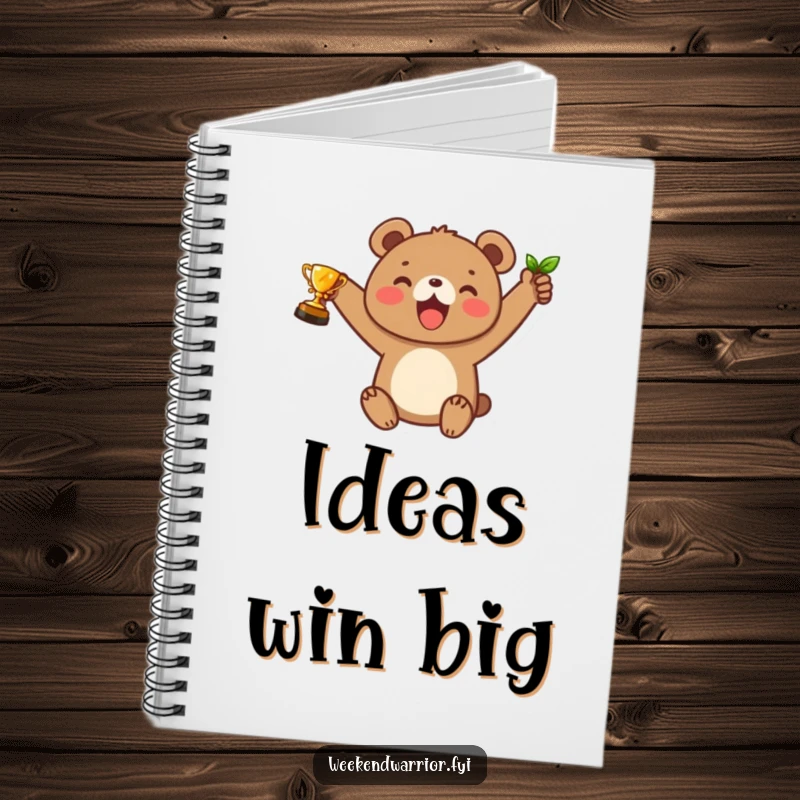 Funny notebook with a joyful bear cub character holding a leaf trophy, ideal for journaling accomplishments and happy thoughts.