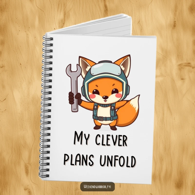 Funny Determined Fox Mechanic Notebook, a fox in a helmet with a wrench on the cover, great for notes and project planning.