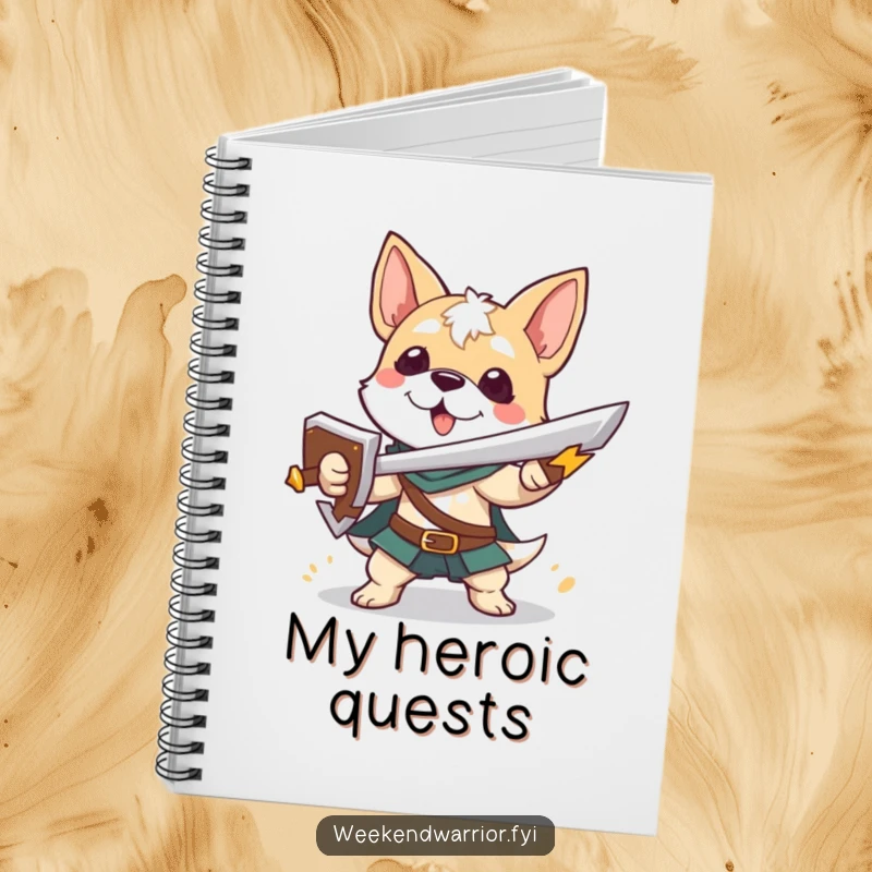 Funny notebook with a playful dog character holding a sword and shield, perfect for jotting down heroic ideas.